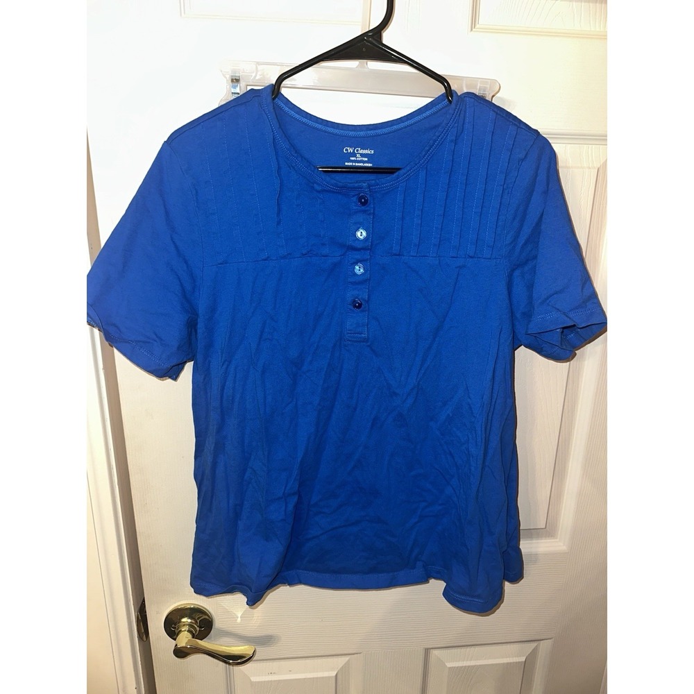CW Classics Women's Blue Top Short Sleeve Button Up Neck Size XL